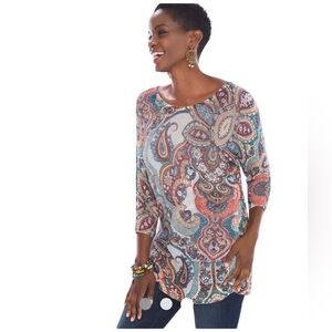 Chicos Paisley Sweater Size S Long Tunic Scoopneck Colorful Artsy‎ Lightweight